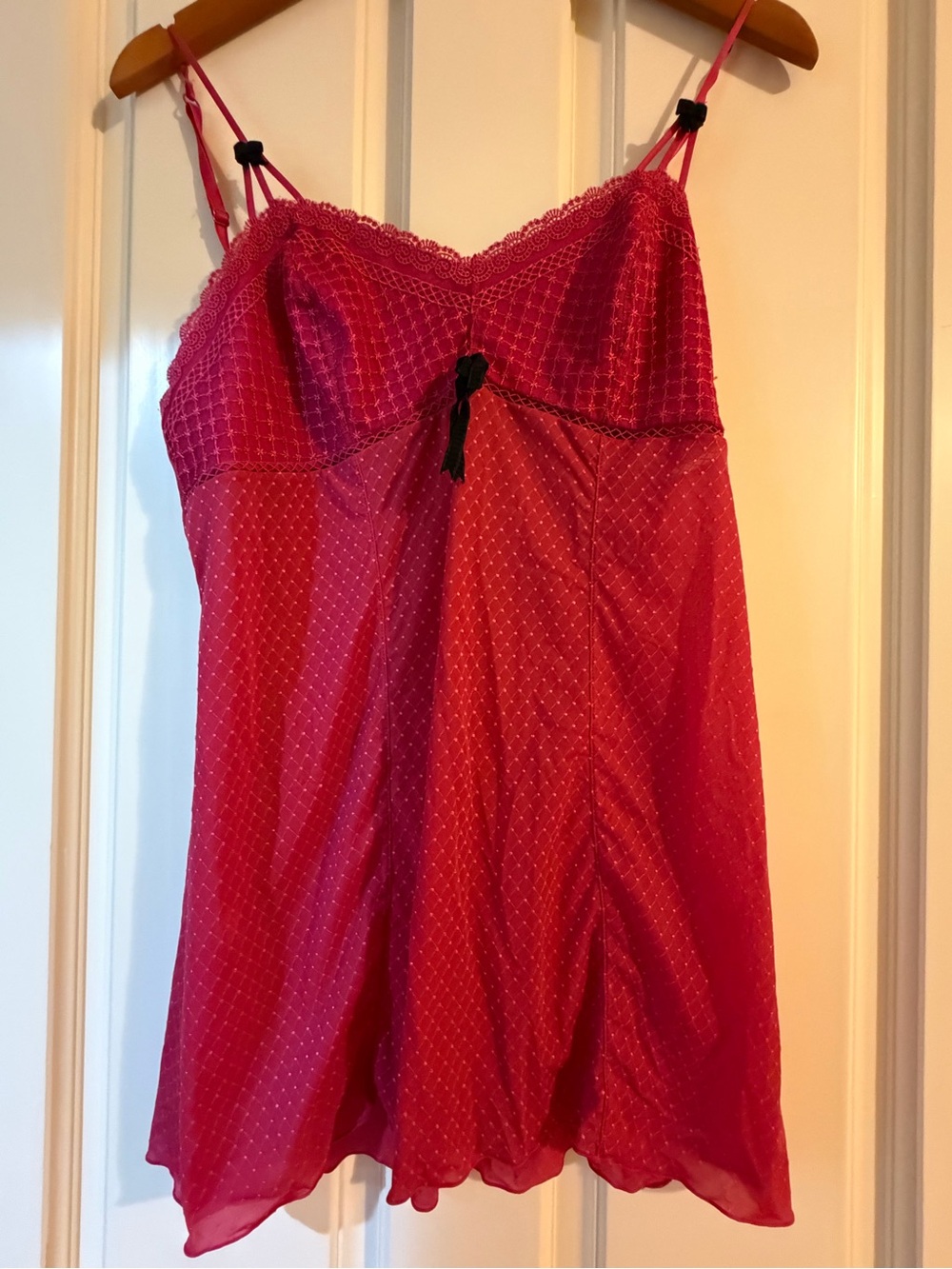 Hot Pink Lace-Trim Polka Dot Chemise with Black Bow Accent
